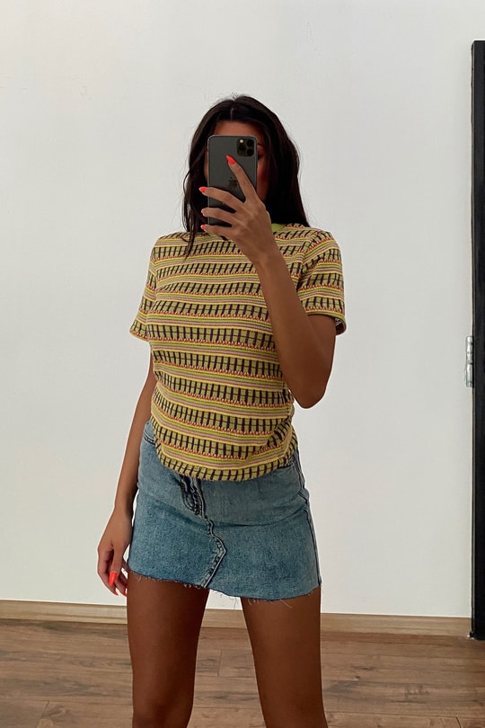 Çok Şeritli Kısa Kol Tshirt Yeşil