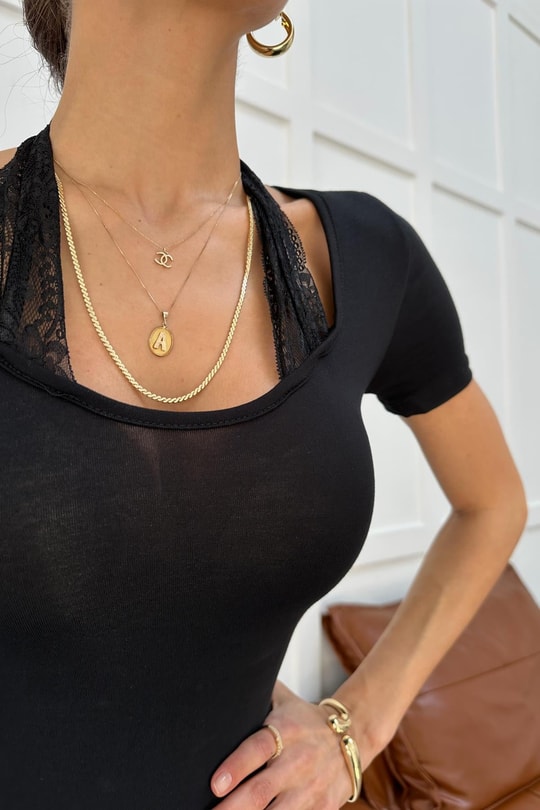 Dantel Boyundan Bağlama Tshirt Siyah