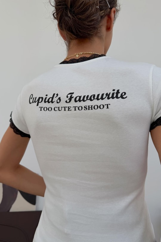 Dantel Yaka Angel Baskılı Tshirt Beyaz