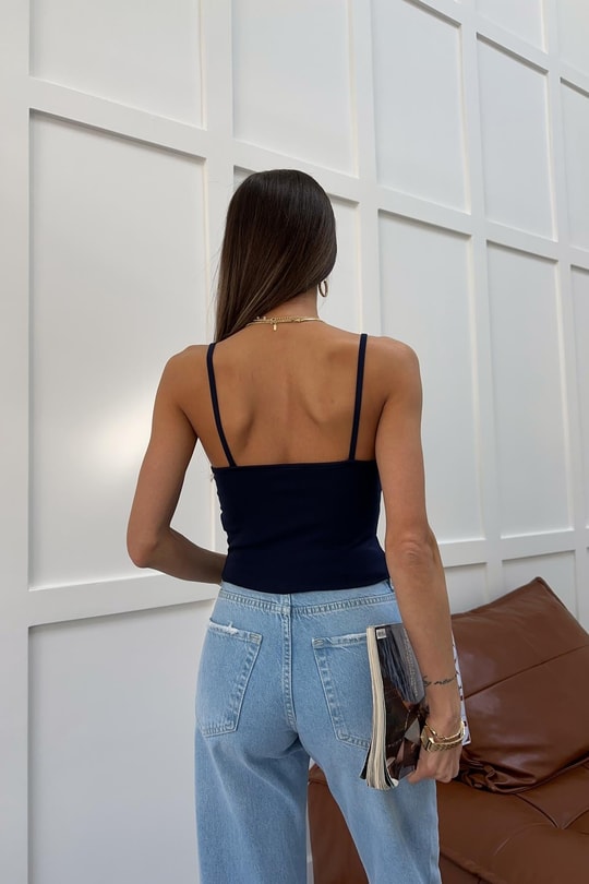 Dantel Yaka İp Askılı Bluz Siyah