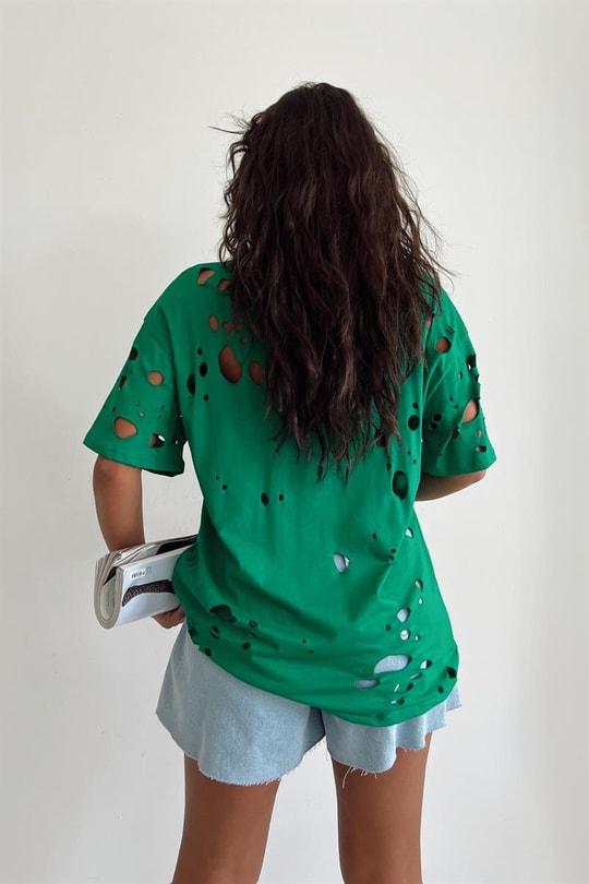 Delikli Rock Tshirt Yeşil
