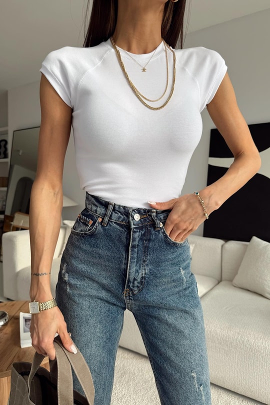 Dikişli Yarım Kol Tshirt Beyaz