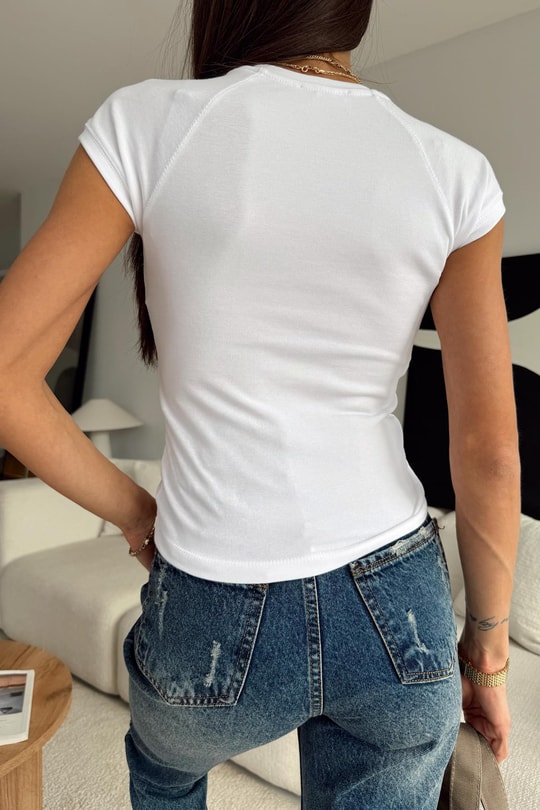 Dikişli Yarım Kol Tshirt Beyaz