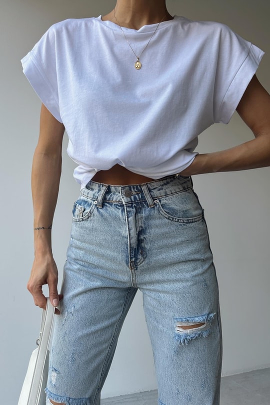 Double Kol Basic Tshirt Beyaz