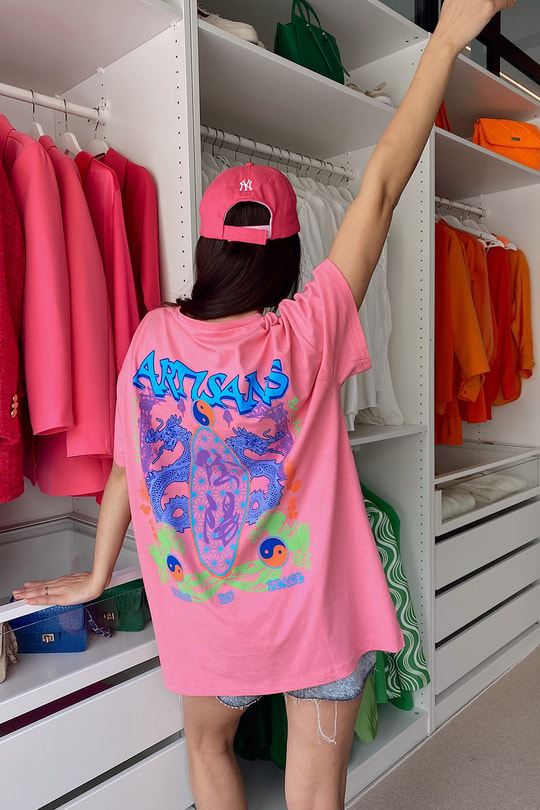 Dragon Art Oversize Tshirt Pembe