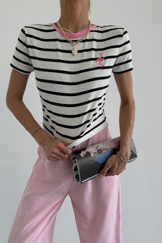 Flamingo Nakışlı tshirt Krem