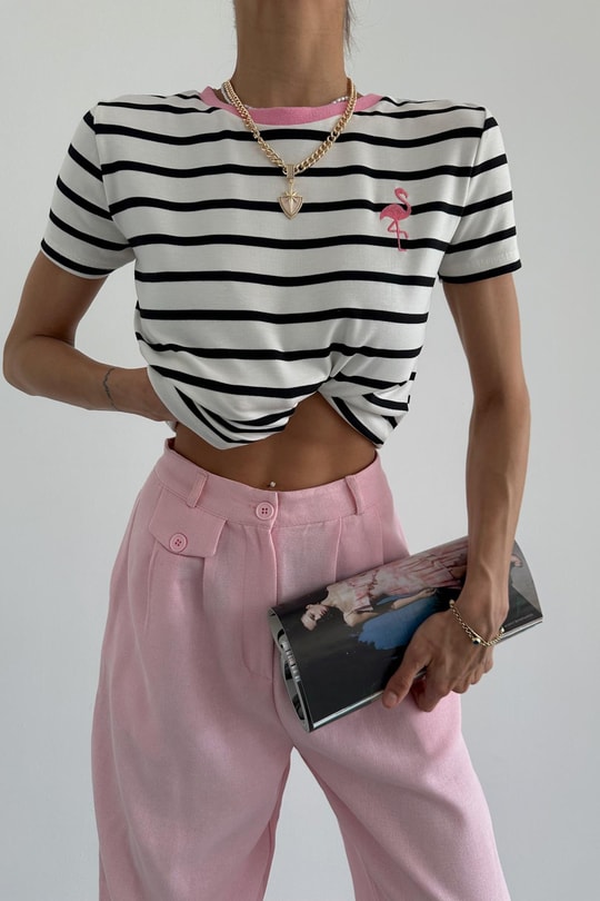 Flamingo Nakışlı tshirt Krem