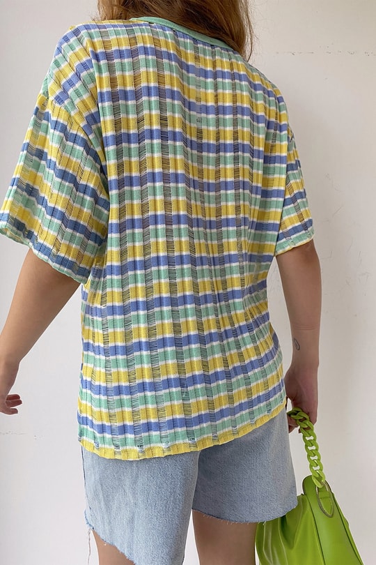 Gofre Çizgili Tshirt Sarı