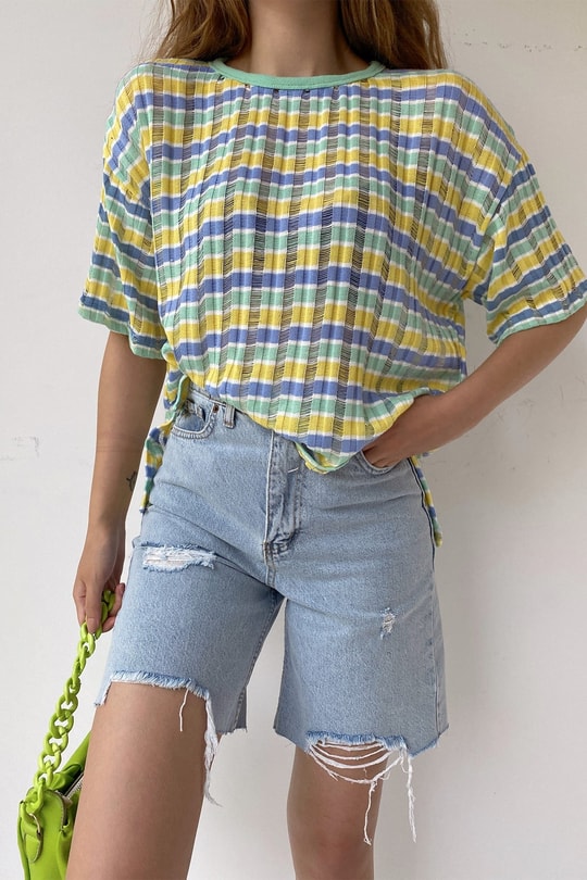 Gofre Çizgili Tshirt Sarı