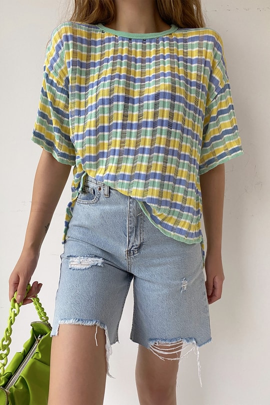 Gofre Çizgili Tshirt Sarı