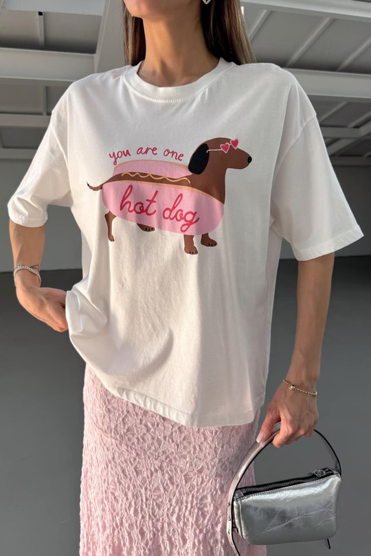 Hot Dog Baskılı T-shirt Ekru
