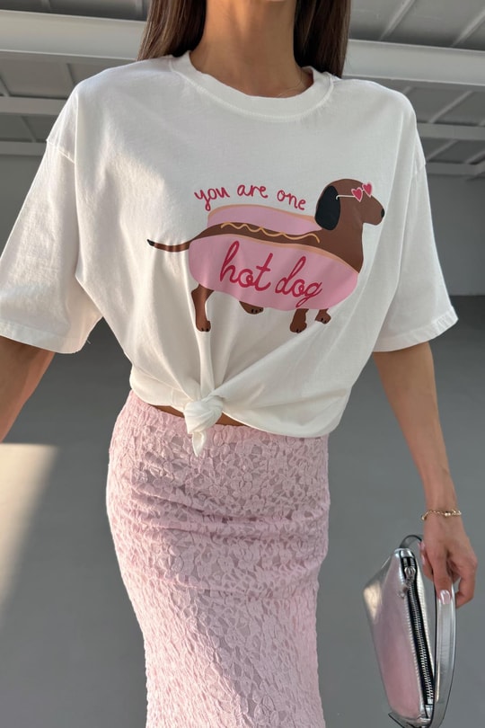 Hot Dog Baskılı T-shirt Ekru