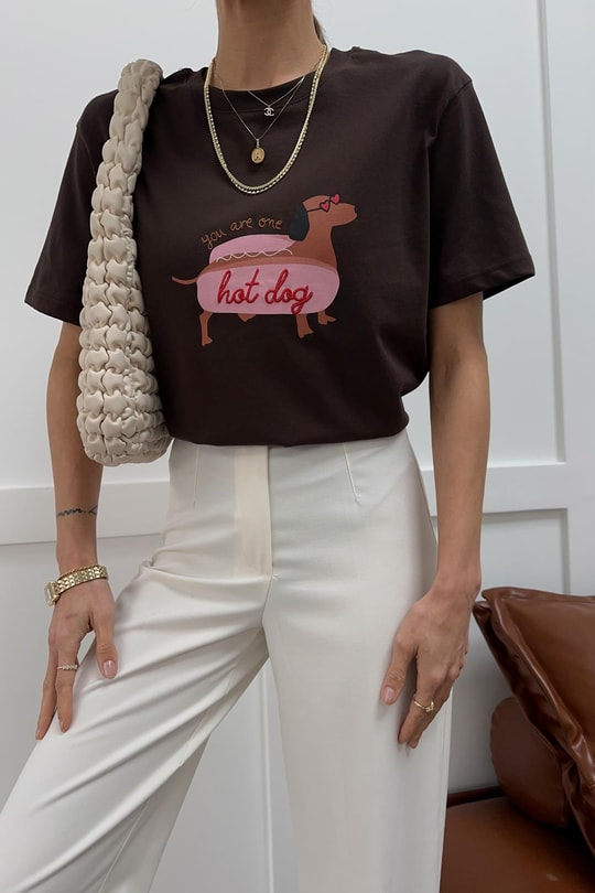 Hot Dog Nakışlı Tshirt Kahve