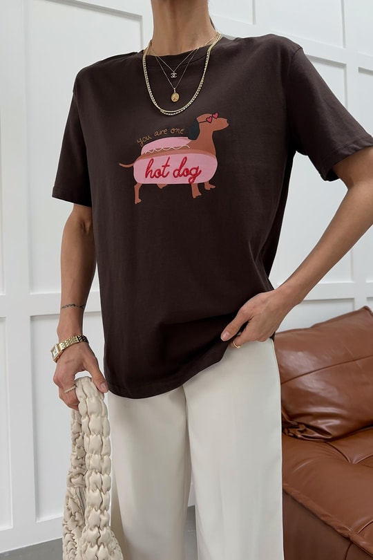 Hot Dog Nakışlı Tshirt Kahve
