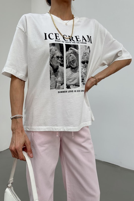 İce Cream Kartpostal Tshirt Ekru
