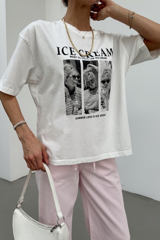 İce Cream Kartpostal Tshirt Ekru