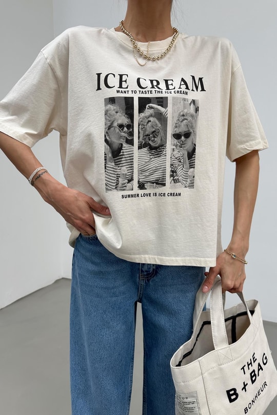 İce Cream Kartpostal Tshirt Krem