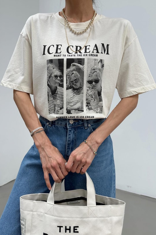 İce Cream Kartpostal Tshirt Krem