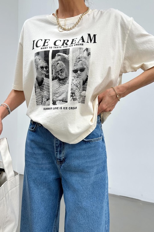 İce Cream Kartpostal Tshirt Krem