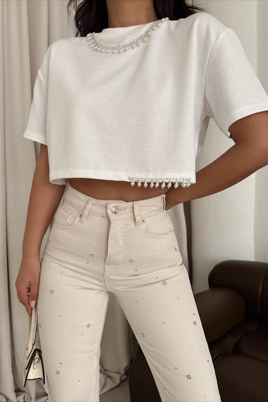 İnci Taşlı Crop Tshirt Beyaz