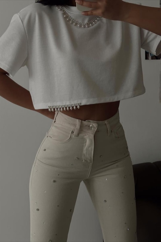 İnci Taşlı Crop Tshirt Beyaz