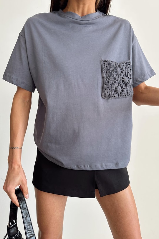 İşleme Cep Tshirt Antrasit