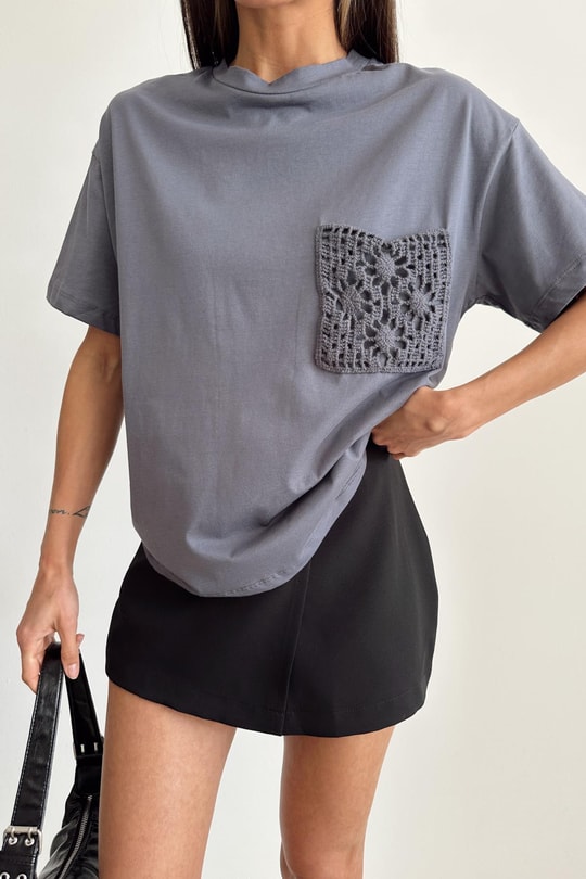 İşleme Cep Tshirt Antrasit