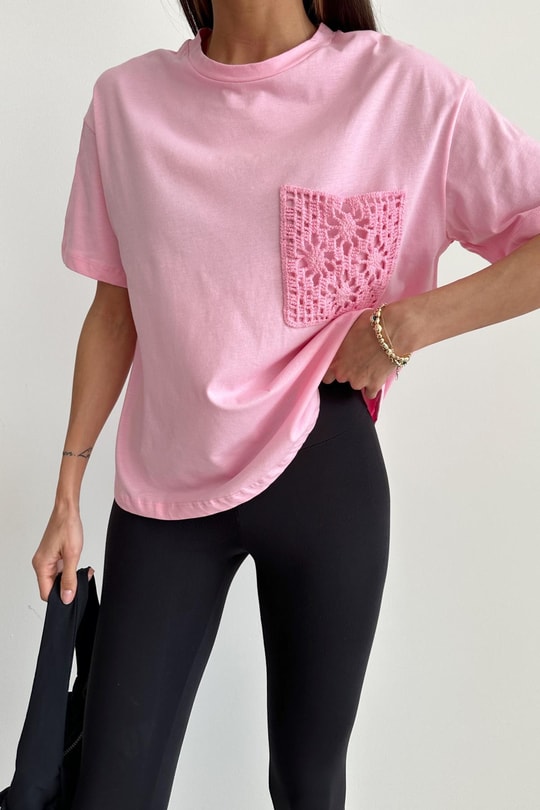 İşleme Cep Tshirt Şeker Pembe
