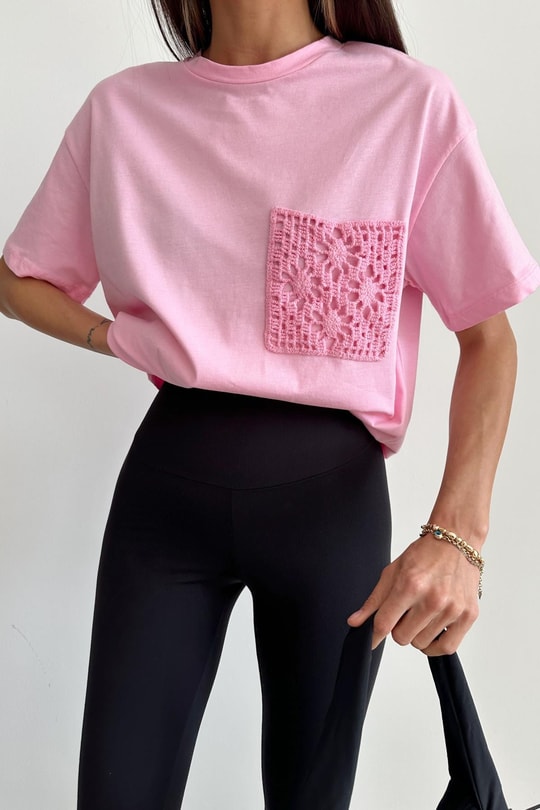 İşleme Cep Tshirt Şeker Pembe