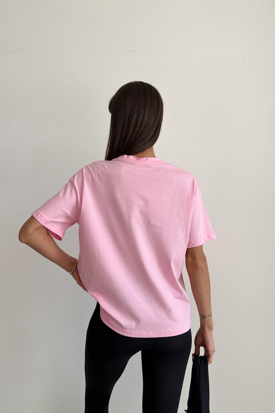İşleme Cep Tshirt Şeker Pembe