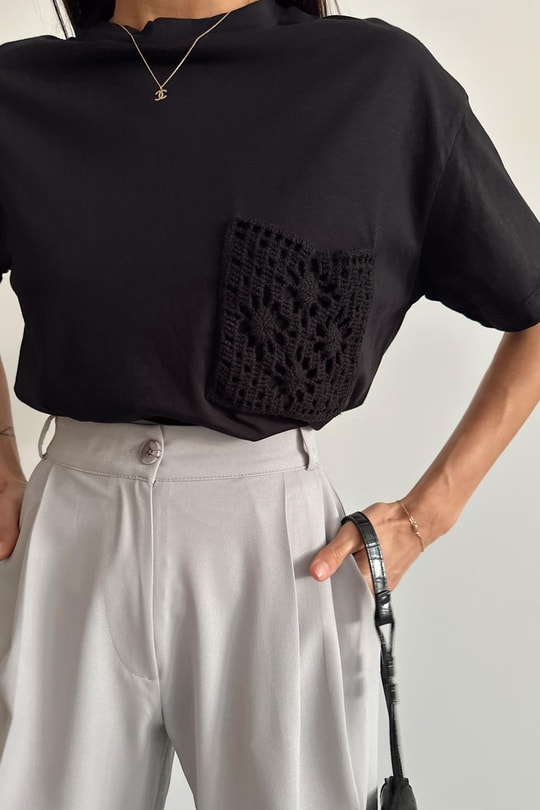 İşleme Cep Tshirt Siyah