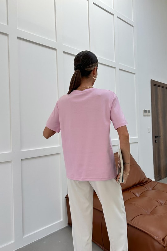 Kabartma Çiçekli Tshirt Pembe