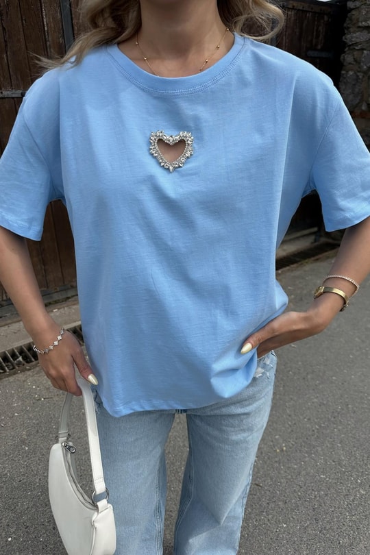 Kalp İşleme Tshirt Mavi