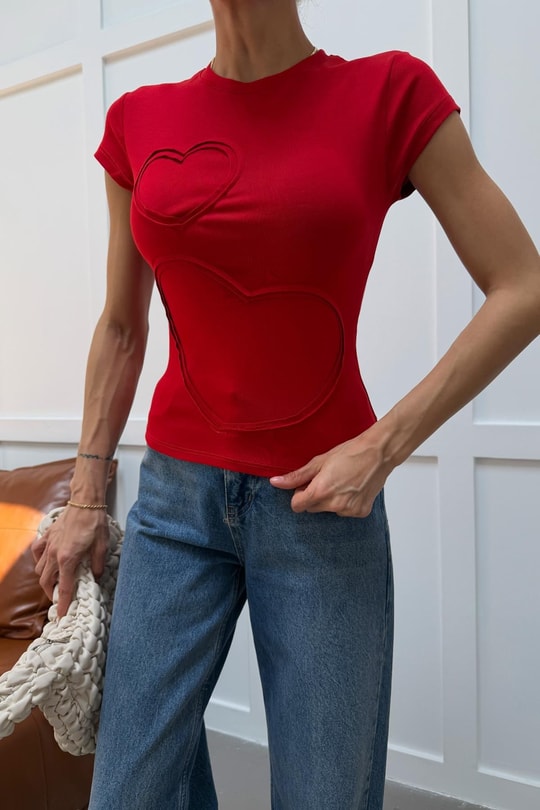 Kalpli Kısa Kol Tshirt Kırmızı