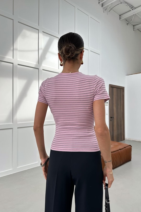 Kısa Kol Çizgili Tshirt Pembe