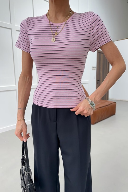 Kısa Kol Çizgili Tshirt Pembe