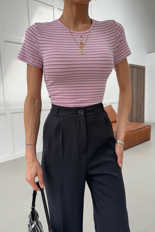 Kısa Kol Çizgili Tshirt Pembe