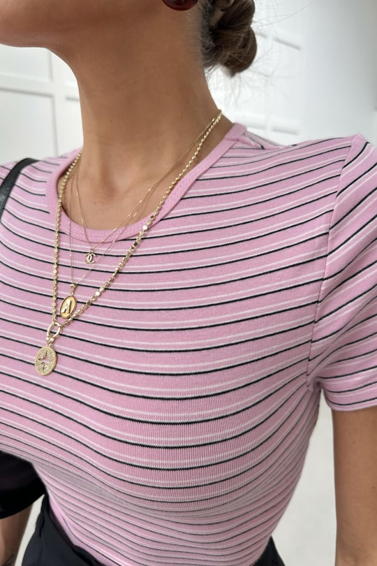 Kısa Kol Çizgili Tshirt Pembe