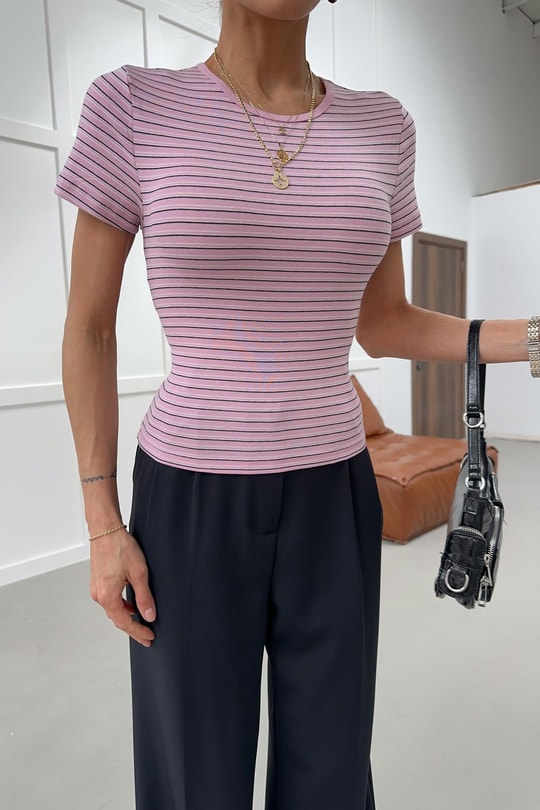 Kısa Kol Çizgili Tshirt Pembe