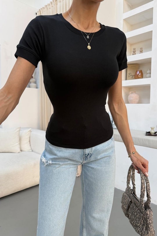 Kol Dikiş Detay Basic Tshirt Siyah