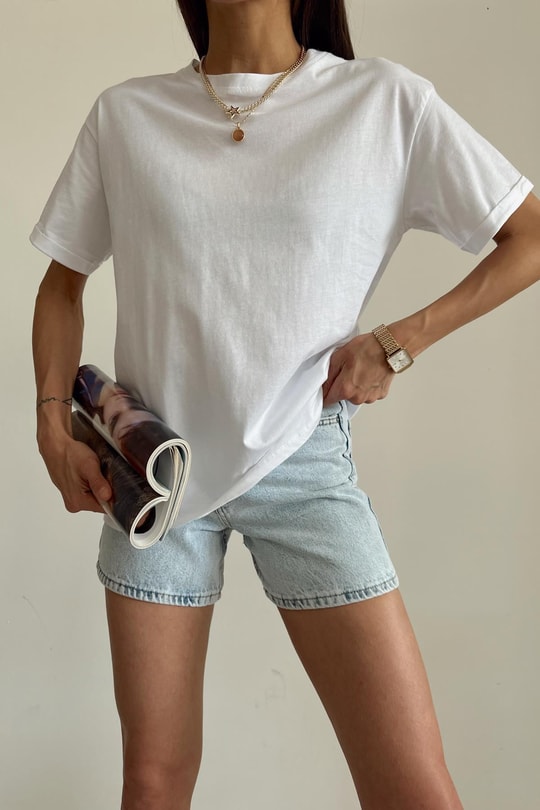 Kol Katlamalı Basic Tshirt Beyaz