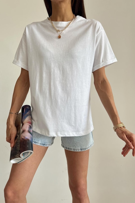 Kol Katlamalı Basic Tshirt Beyaz