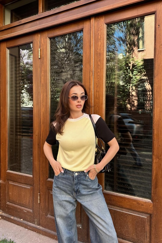 Kontrast Reglan Kol Triko Tshirt Sarı