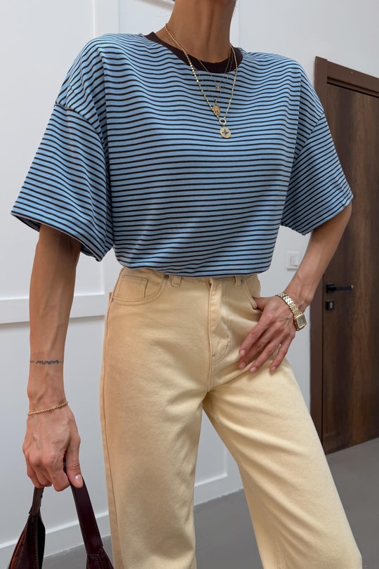 Kontrast Yaka Çizgili Tshirt Mavi