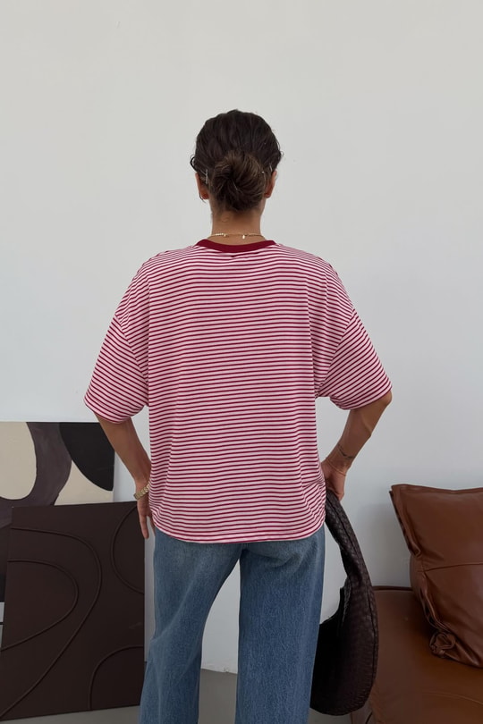 Kontrast Yaka Çizgili Tshirt Pembe