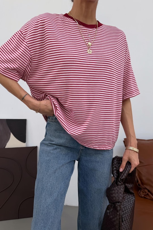 Kontrast Yaka Çizgili Tshirt Pembe