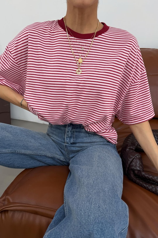 Kontrast Yaka Çizgili Tshirt Pembe