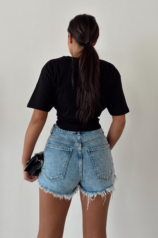 Kuş Nakışlı Bağlamalı Tshirt Siyah