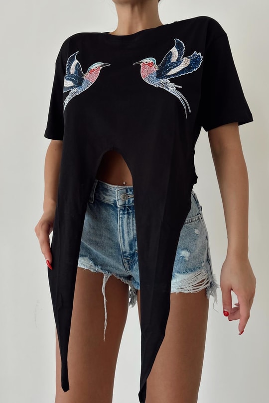 Kuş Nakışlı Bağlamalı Tshirt Siyah