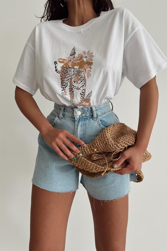 Leopar Desen Kısa Kollu Tshirt Beyaz